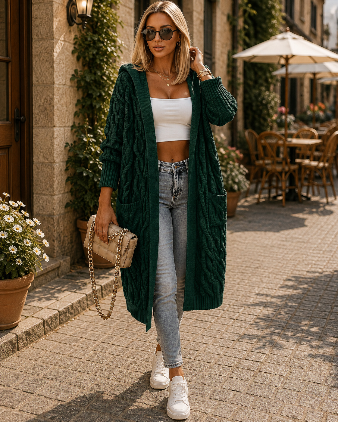 Isolde Women's Long With Hood Cardigan – Cable Knit, Side Slip Pockets & Roomy Fit