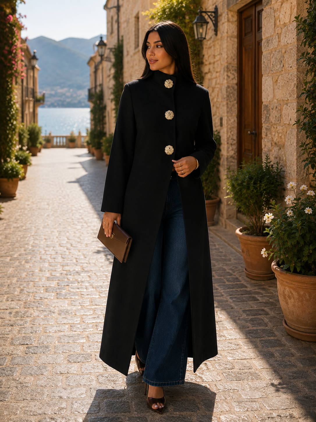 Yara Women's Long Cardigan – Gold-Tone Buttons, Plush Knit & Refined Fit