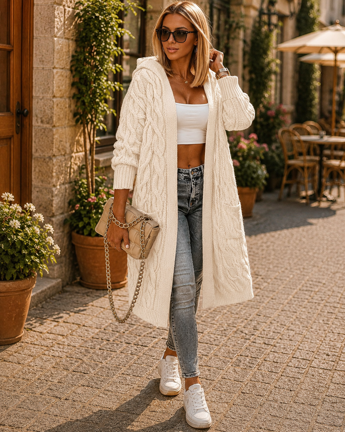 Isolde Women's Long With Hood Cardigan – Cable Knit, Side Slip Pockets & Roomy Fit