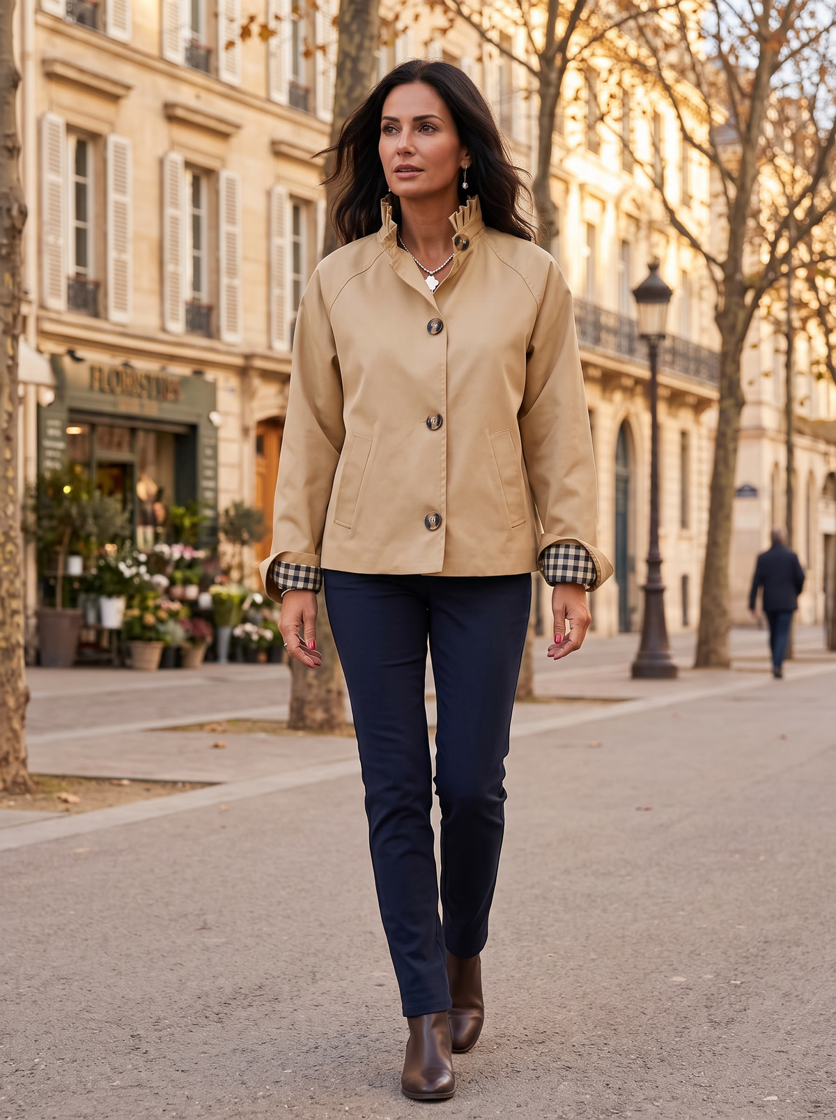 Fenwick Women's Cropped Trench Jacket – Ruffle Collar, Plaid Cuffs & Button-Up Front