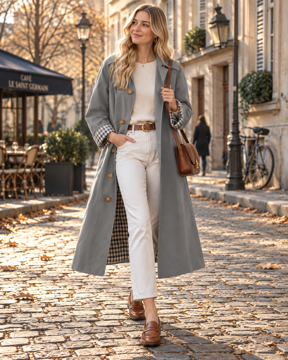 Aveline Women's Trench Coat – Button-Up Front, Classic Collar & Plaid Lining