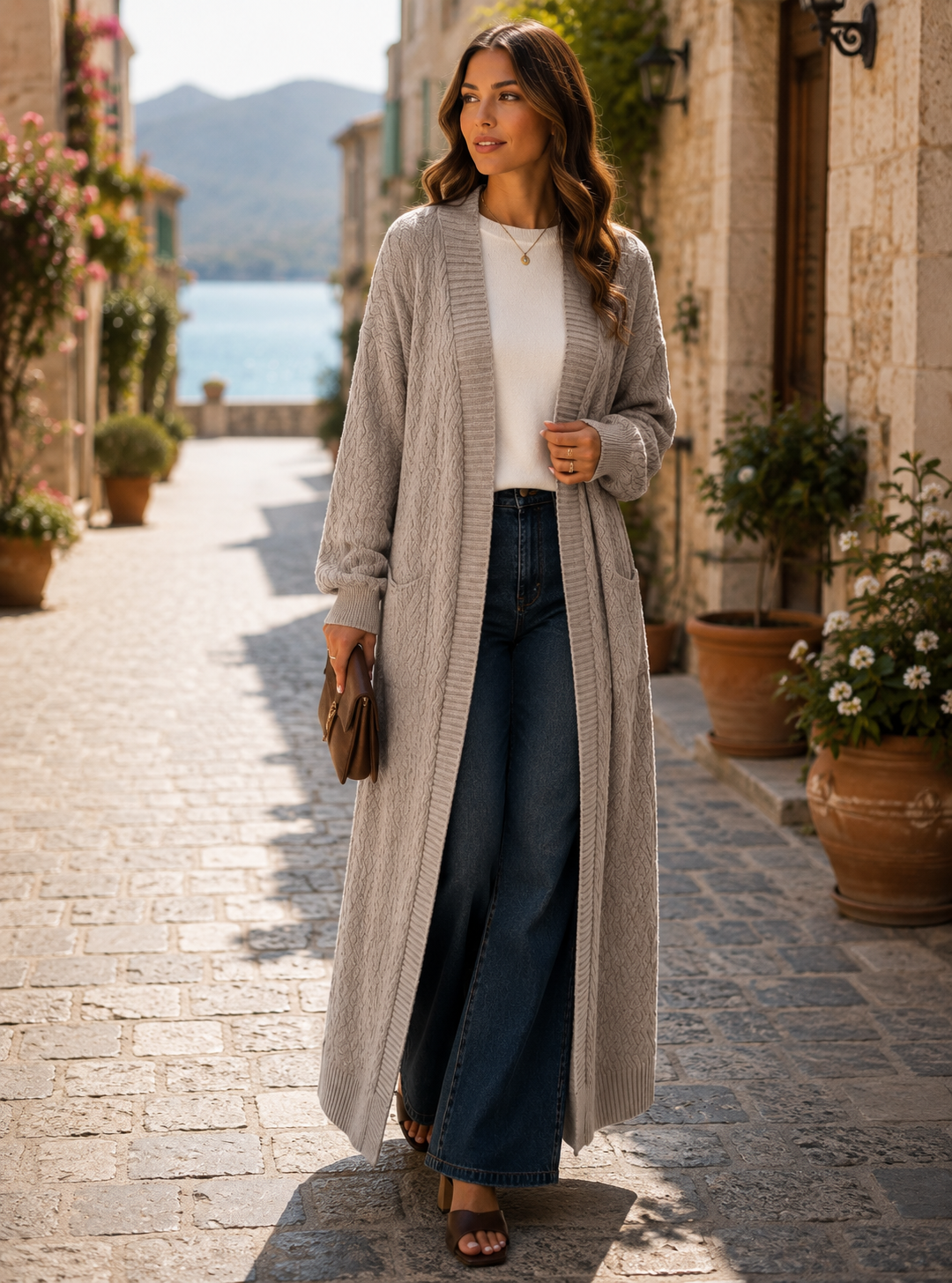 Zephyrine Women's Long Knitted Cardigan – Gentle Textured Knit & Open-Front Design