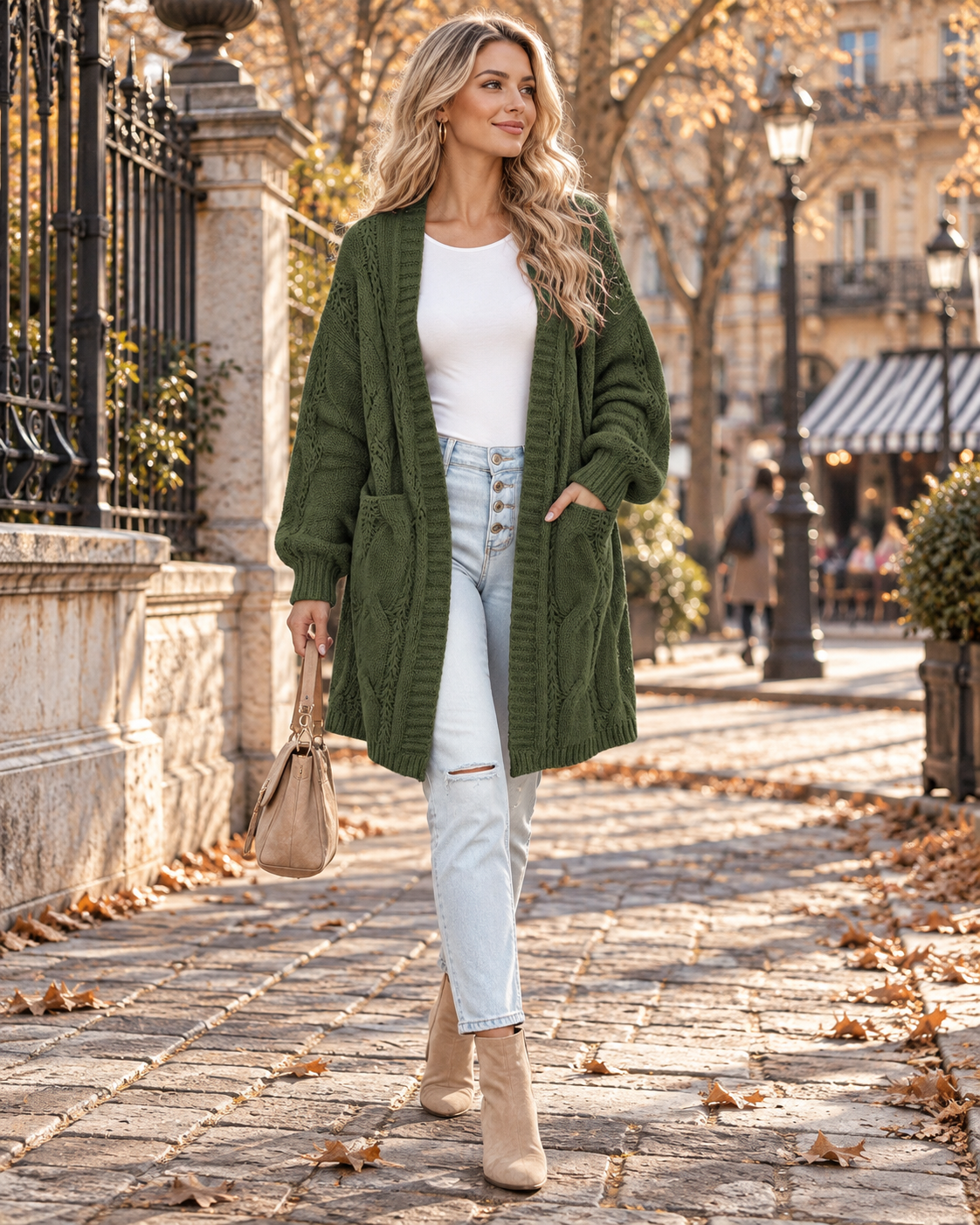 Rowan Women's Long Knit Cardigan – Balloon Sleeves, Side Splits & Handy Pockets