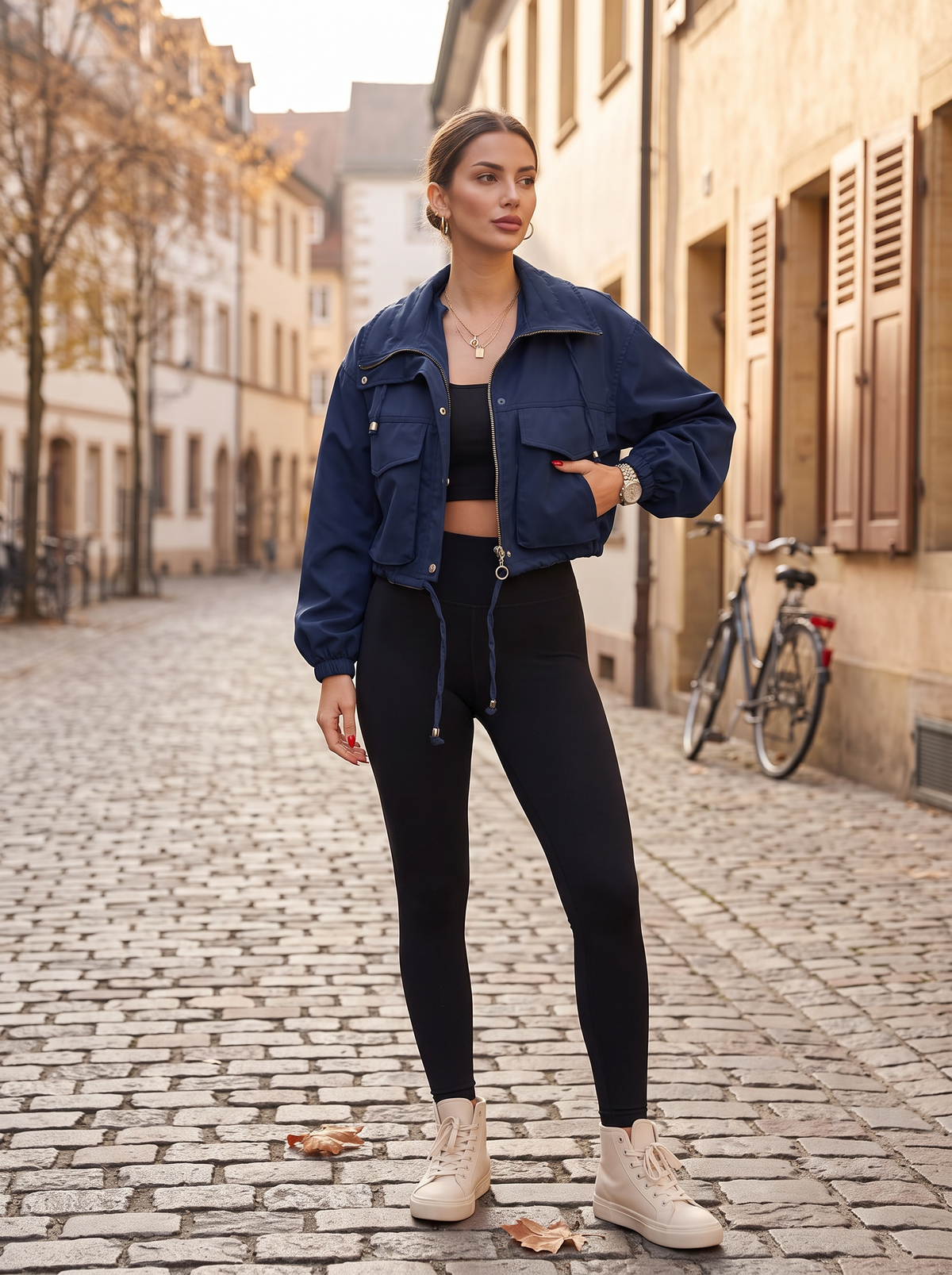 Yara Women's Cropped Jacket – Drawstring Waist, Zip & Snap Front, Flap Handy Pockets