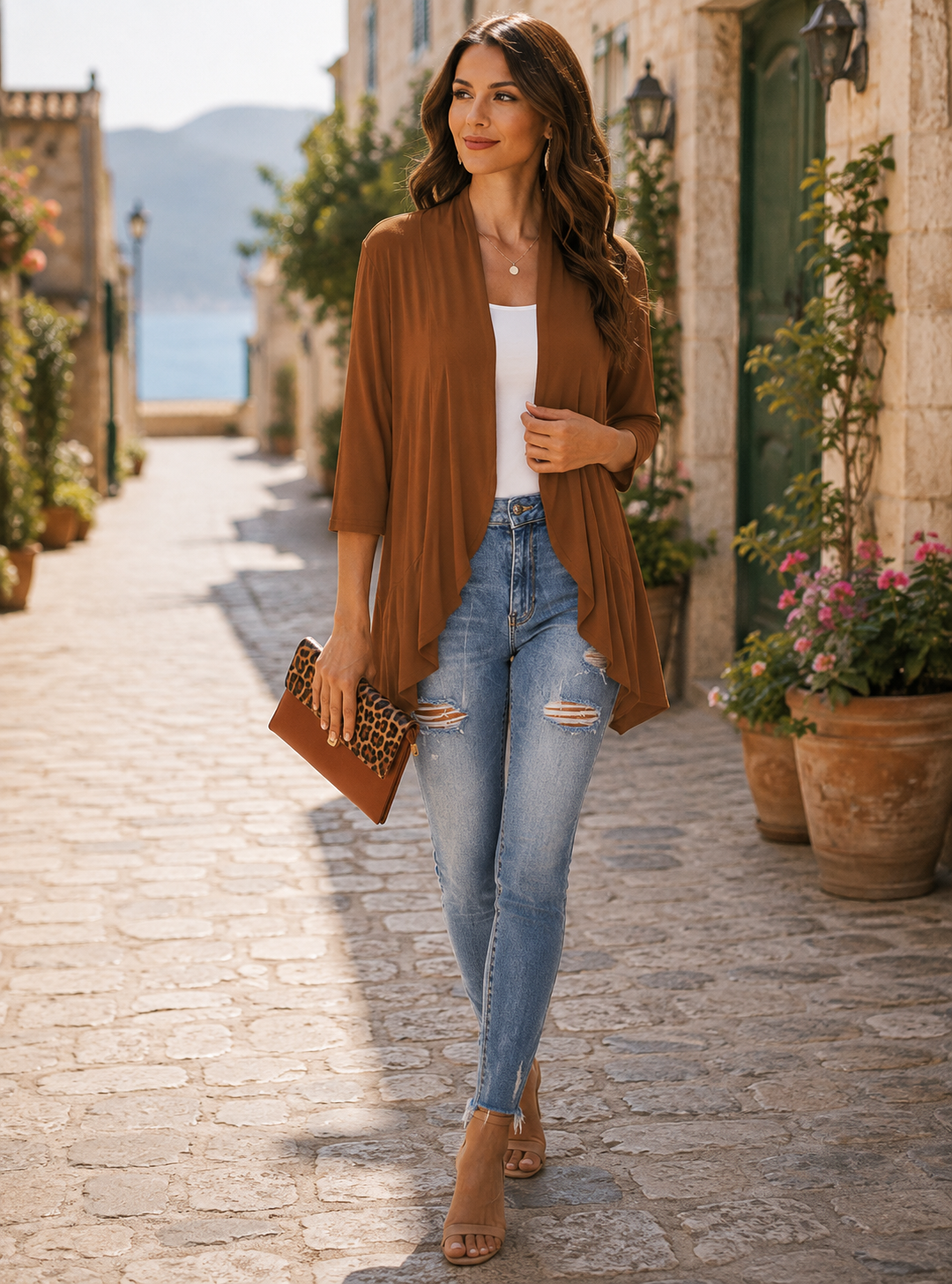 Gideon Women's Cardigan – Lightweight Open-Front Design, 3/4 Sleeves & Ruffle Trim
