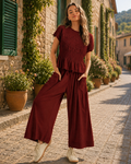 Halcyon Women's Two-Piece Set – Smocked Top, Wide-Leg Pants & Side Slip Pockets