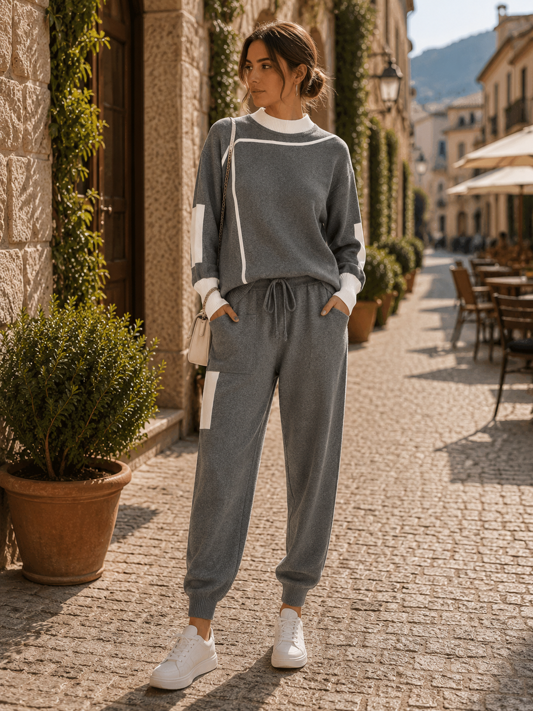 Vance Women's Knit Set – Patchwork Sweater, Matching Trousers & Easy Fit