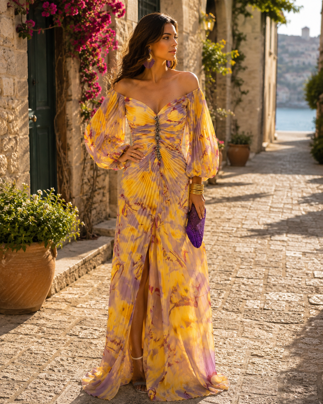Ursula Women's Floral Maxi Dress – Deep V-Neckline, Side Slit & Flowy Fit
