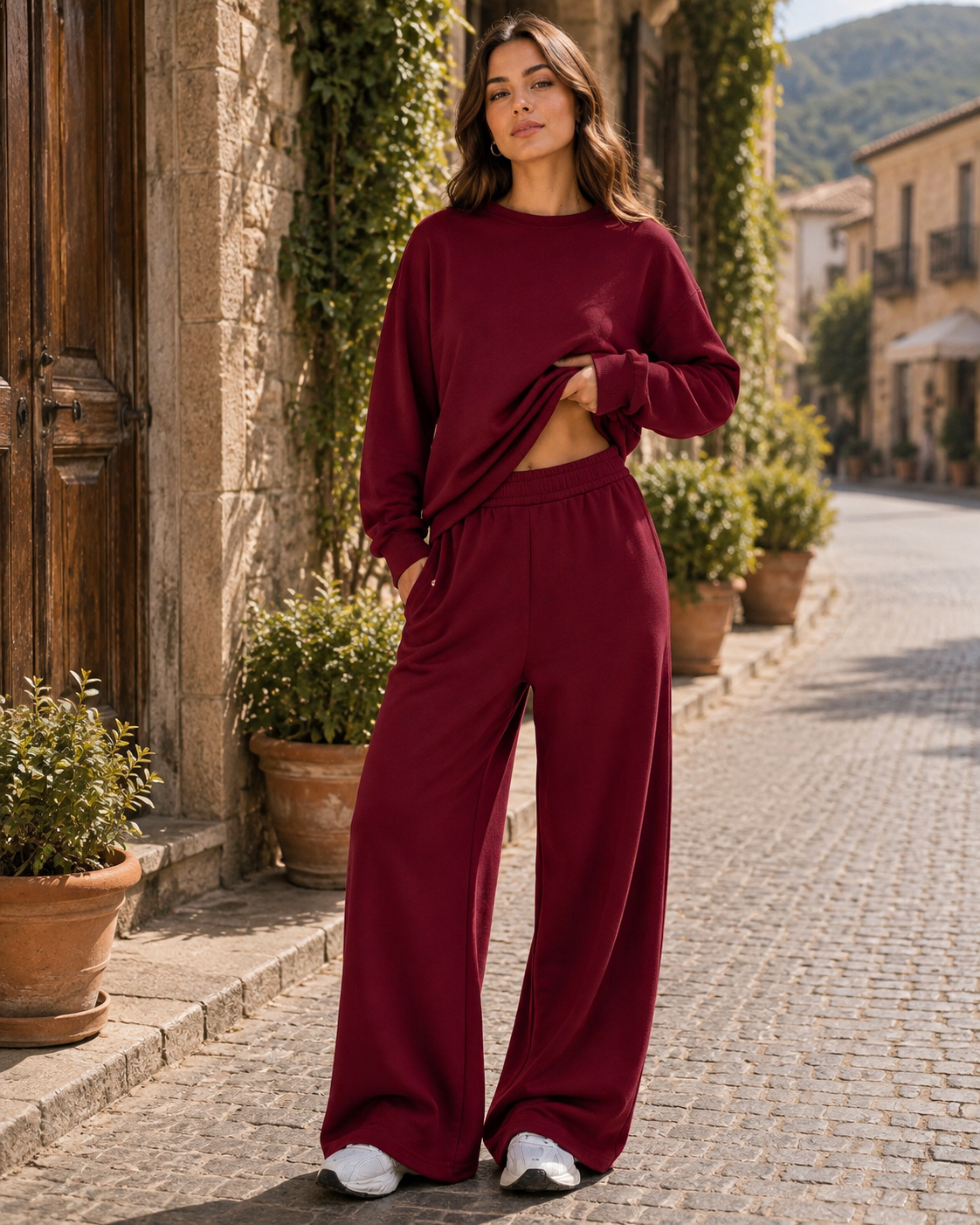Nadette Women's Fleece Lounge Set – Drop-Shoulder Sweatshirt & Wide-Leg Pants