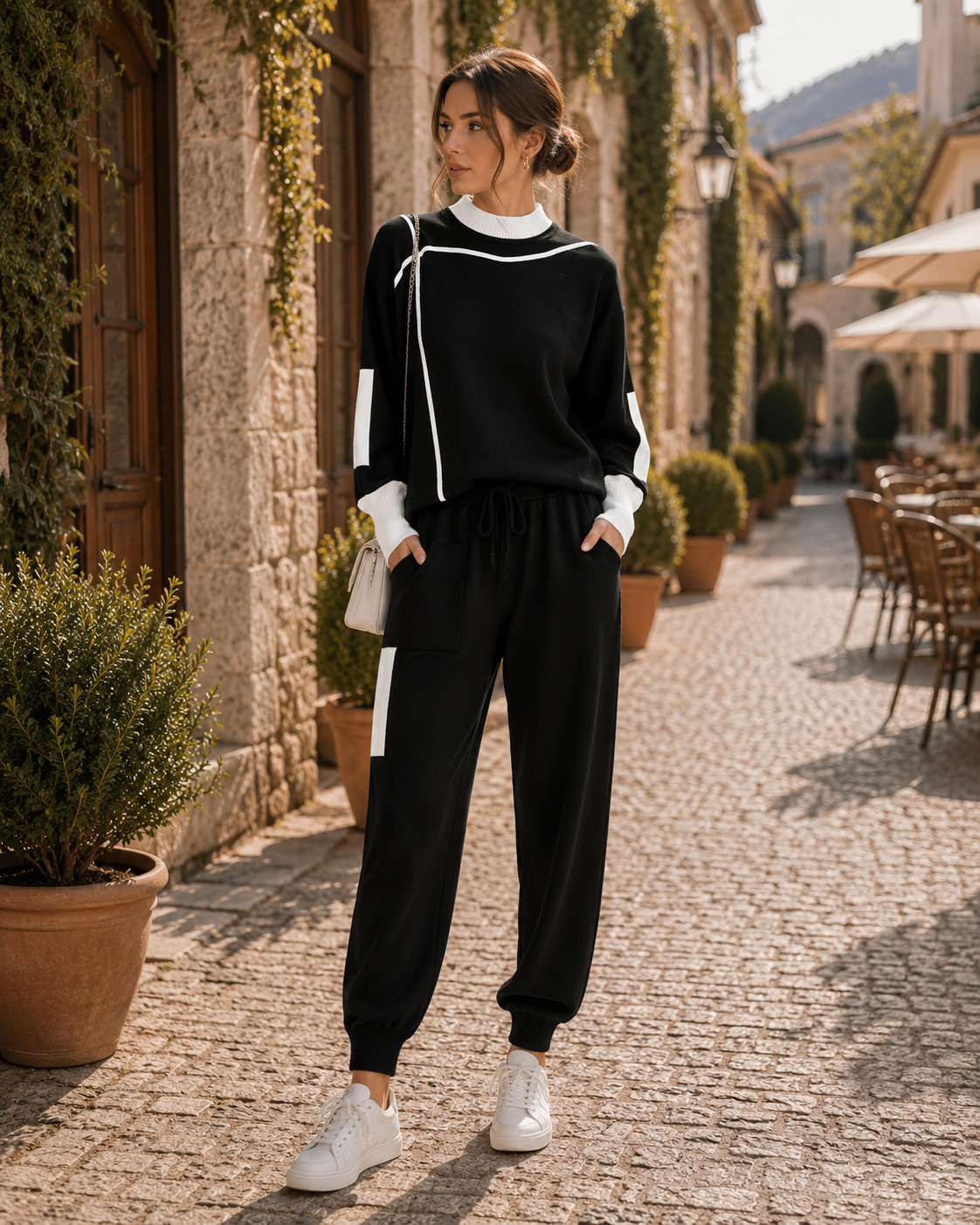 Vance Women's Knit Set – Patchwork Sweater, Matching Trousers & Easy Fit