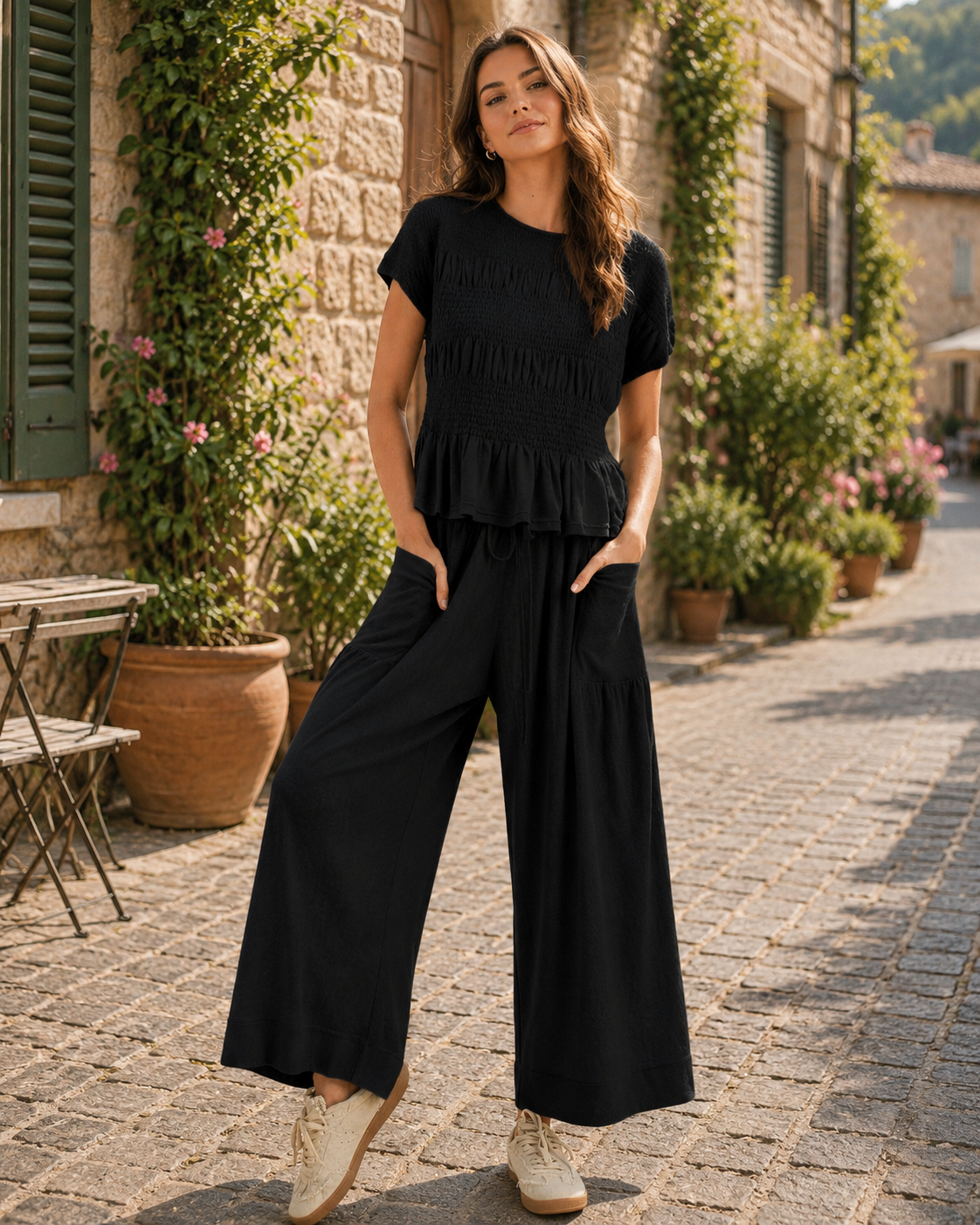 Halcyon Women's Two-Piece Set – Smocked Top, Wide-Leg Pants & Side Slip Pockets