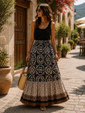 Vela Women's Maxi Skirt – Bohemian Print, Tiered Hem & Elastic Waist