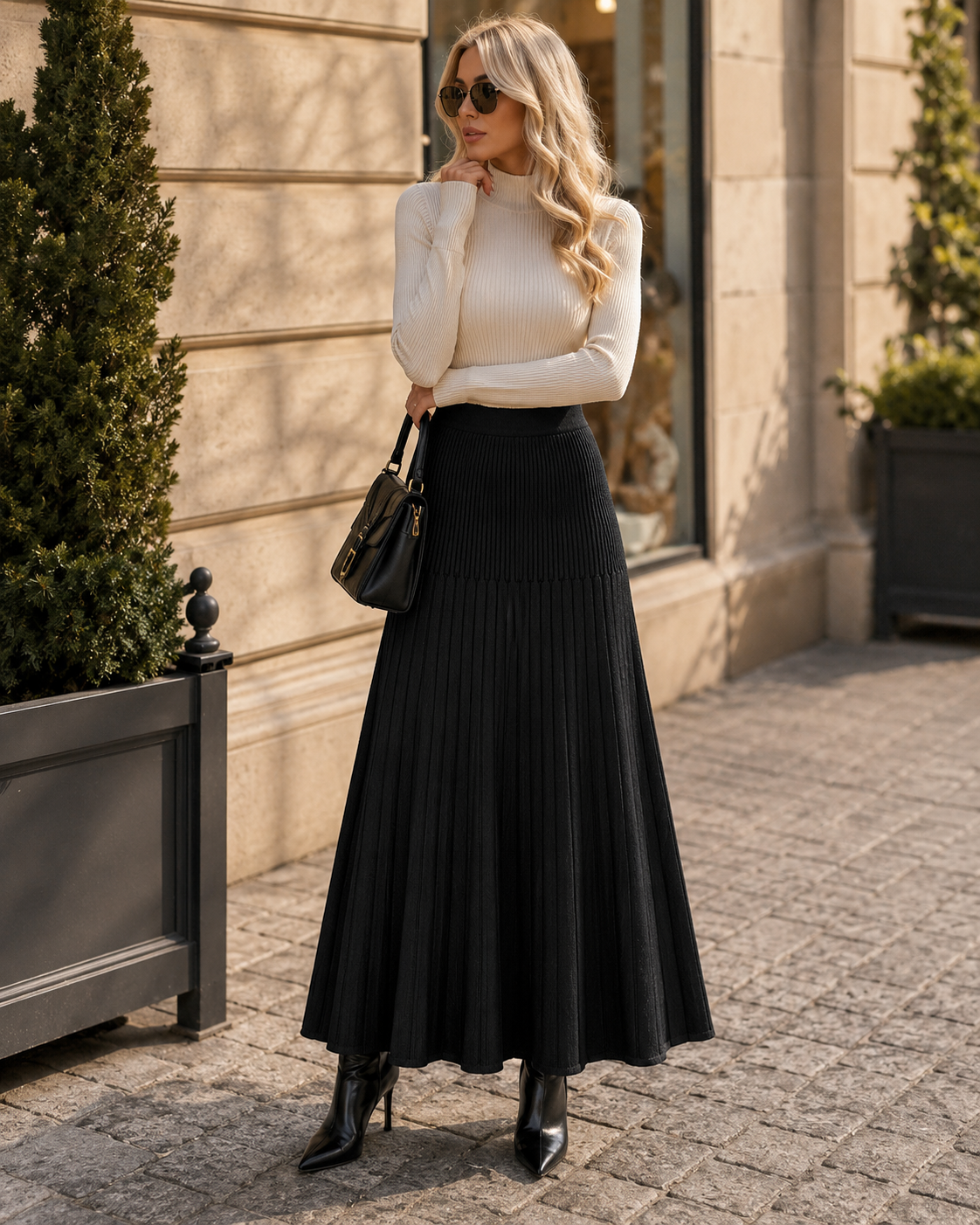 Gwyn Women's Pleated Knit Skirt – High-Rise Waist, Fishtail Hem & Elastic Fit