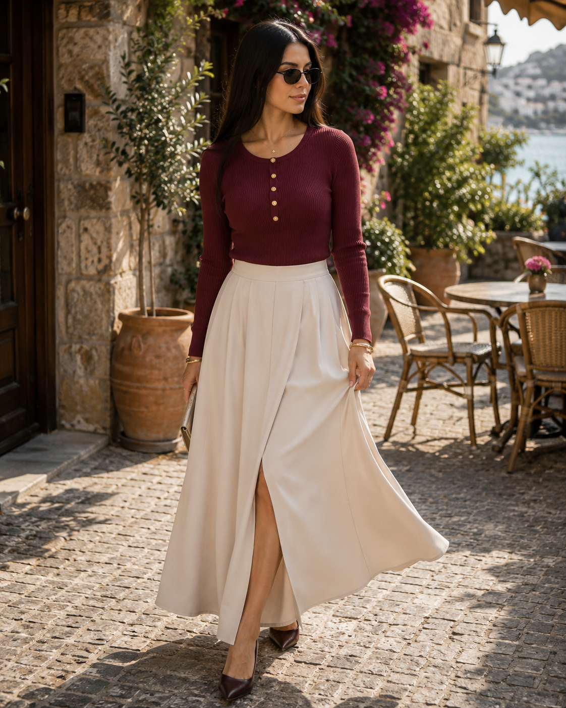 Emeric Women's Ribbed Top – Full-Length Sleeves, Round Neckline & Gold Button Detail
