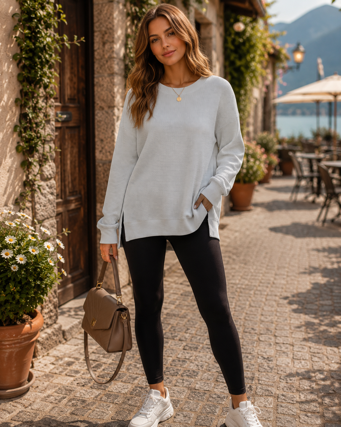 Jessamine Women's Waffle Knit Sweatshirt – Crewneck, Side Slits & Loose Silhouette