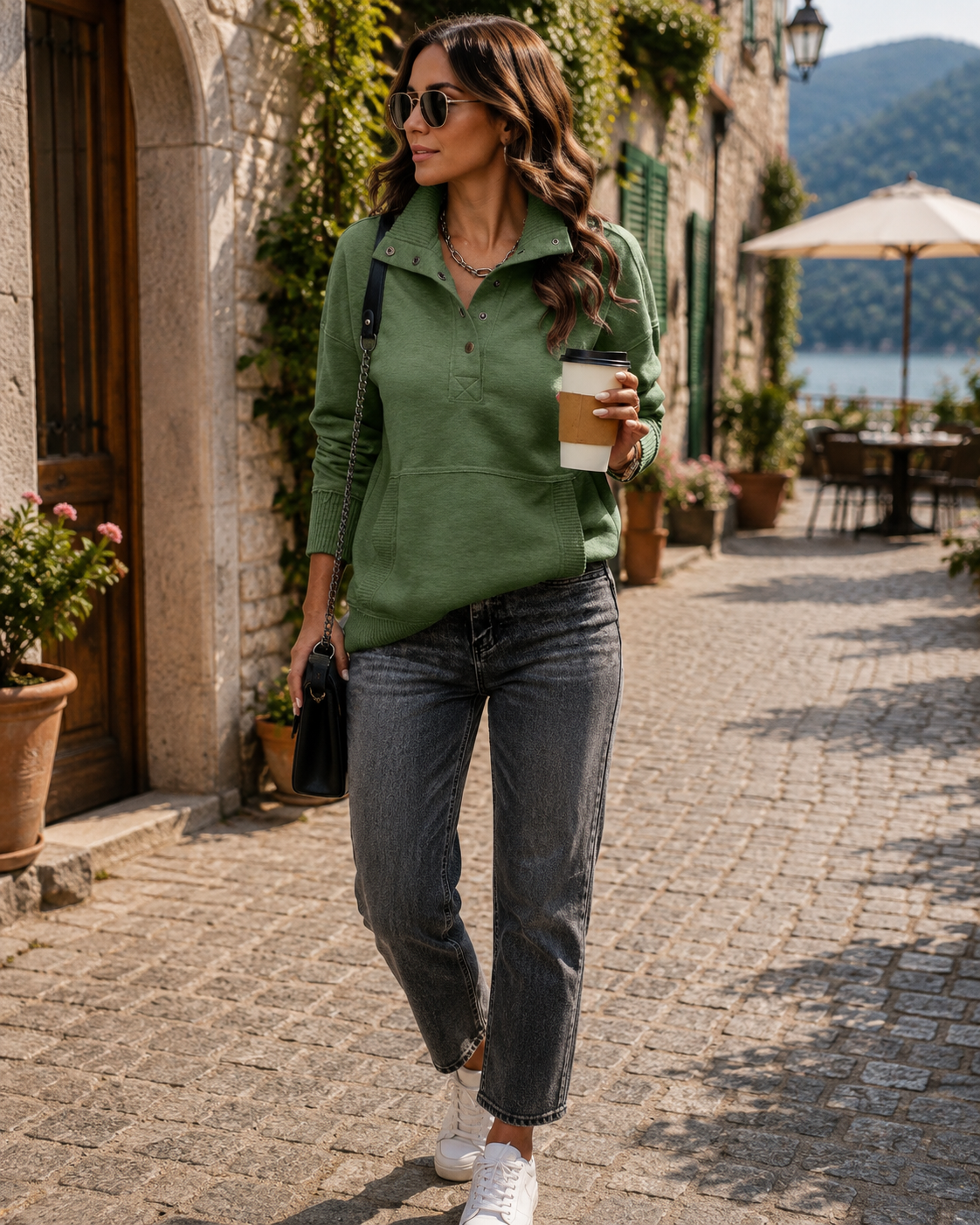 Mireille Women's Henley Sweatshirt – V-Neckline, Ribbed Texture & Easy Fit