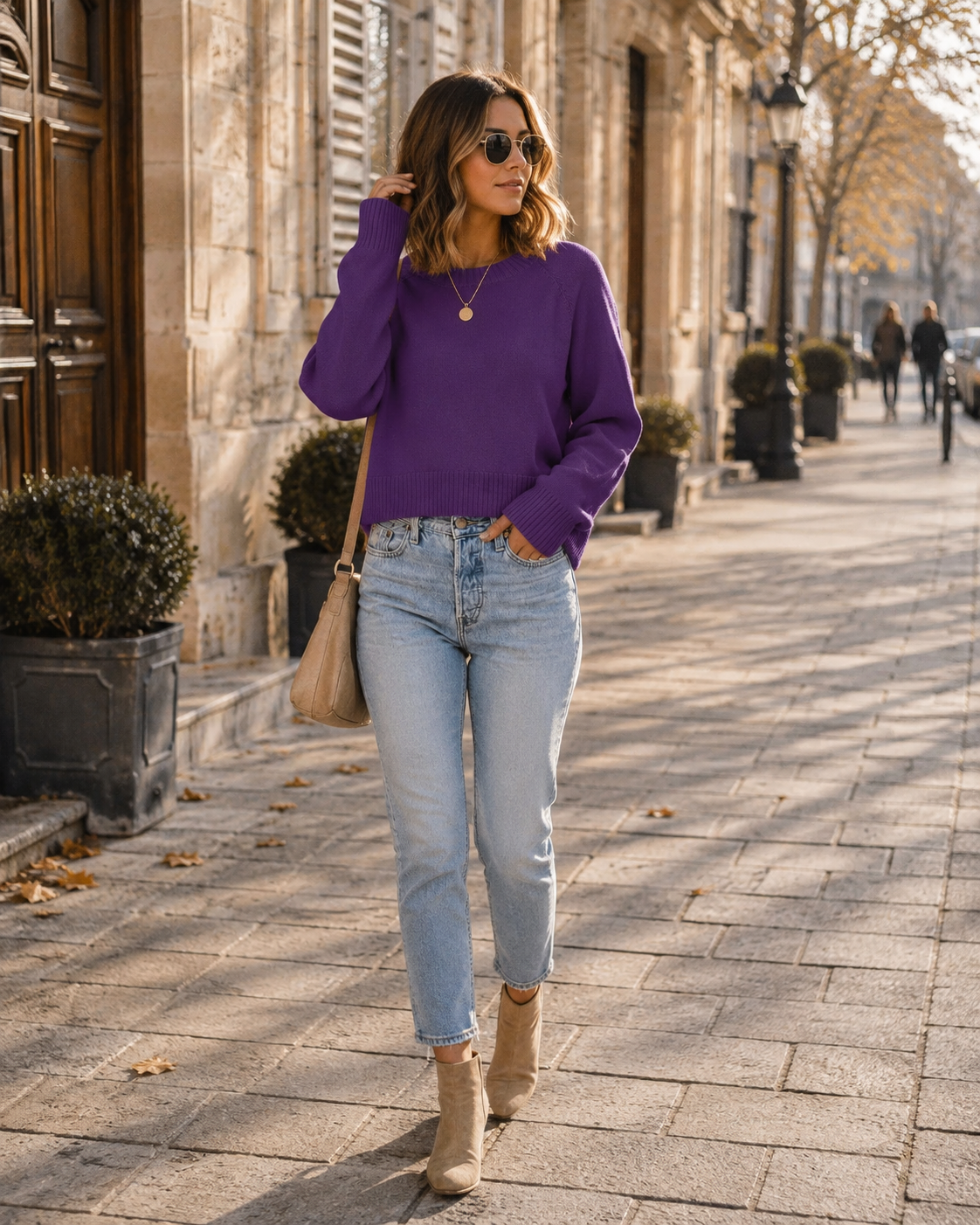 Belisa Women's Cropped Knit Sweater – Crewneck, Full-Length Sleeves & Ribbed Detailing