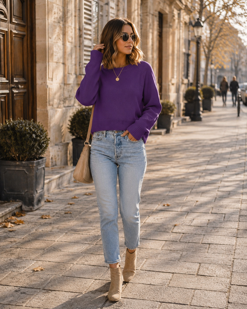 Belisa Women's Cropped Knit Sweater – Crewneck, Full-Length Sleeves & Ribbed Detailing