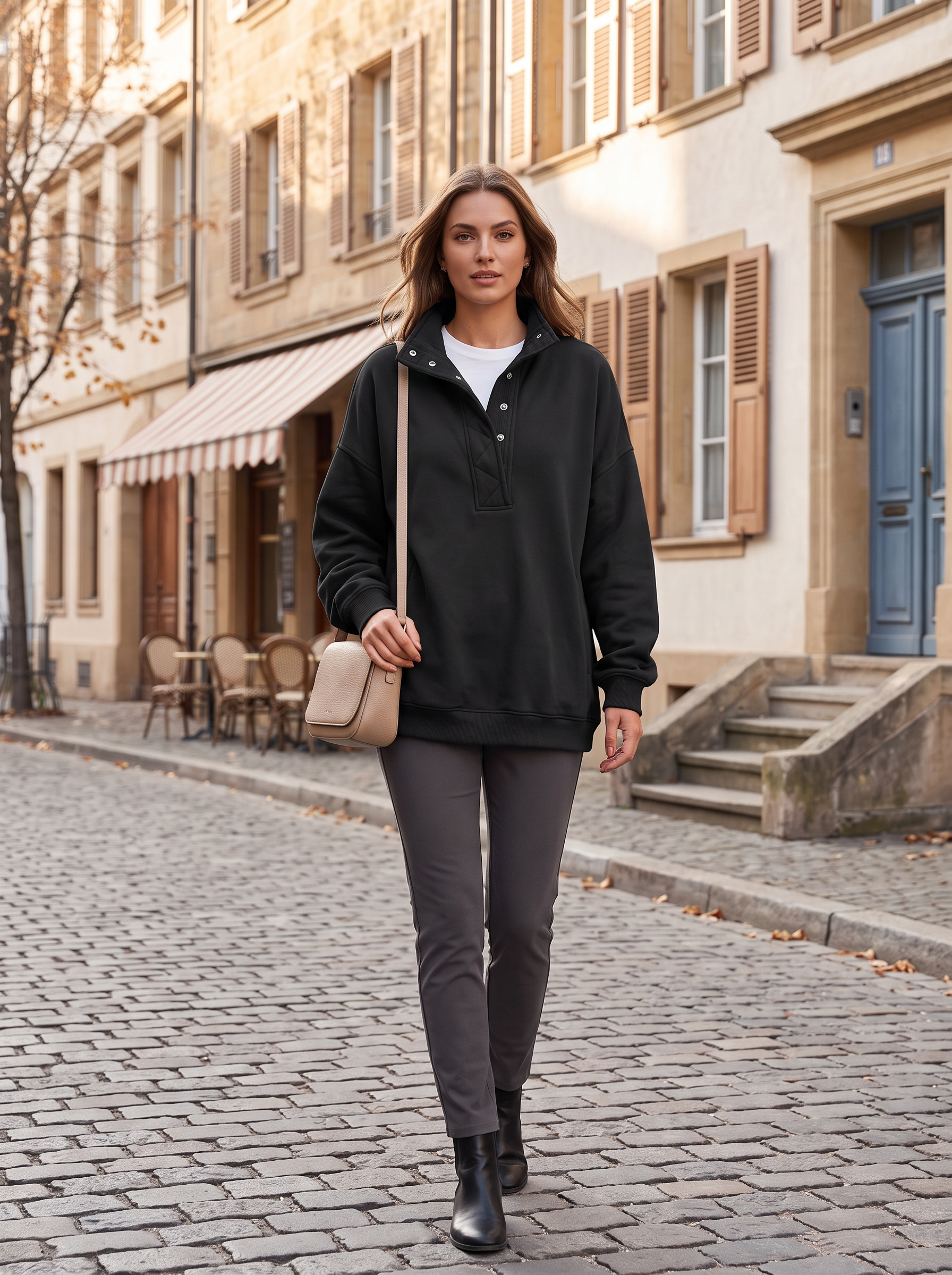Xiomara Women's Oversized Henley Sweatshirt – Snap Collar, Fleece-Lined Interior & Dropped-Shoulder Design