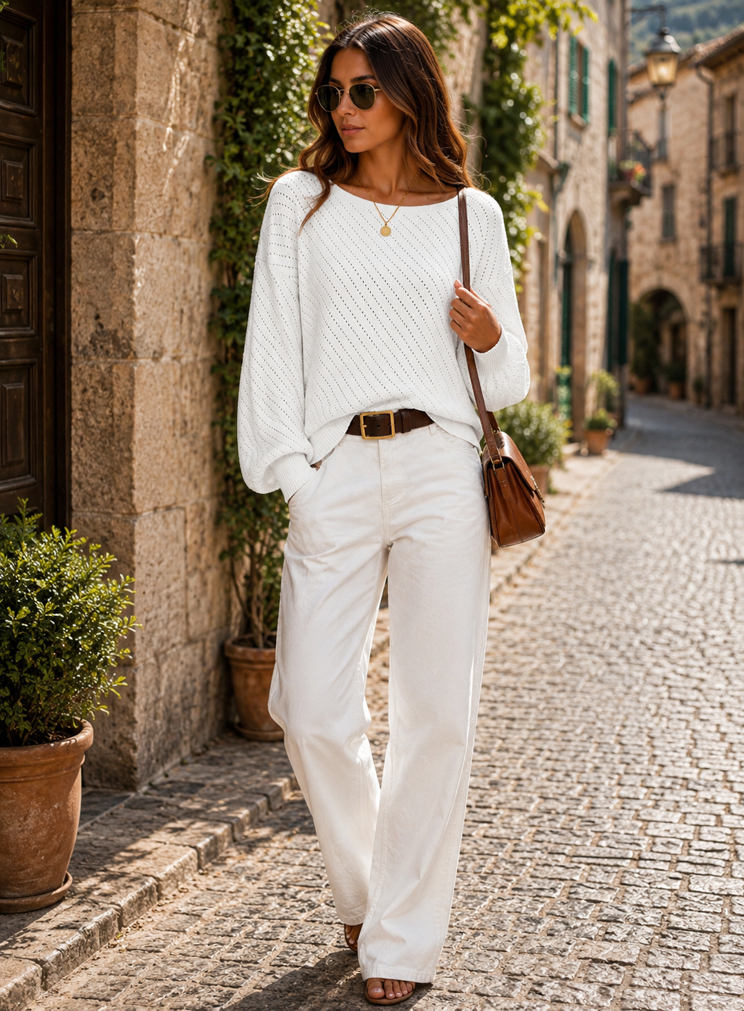 Ines Women's Pointelle Knit Sweater – Boat Neck, Balloon Sleeves & Easy Fit