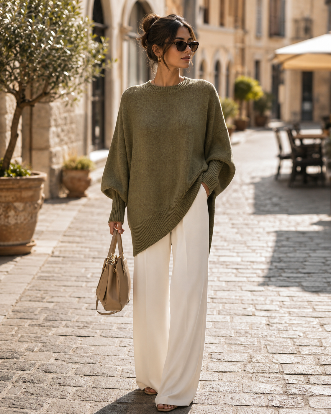 Wynne Women's Oversized Top – Round Neckline, Wide Sleeves & Ribbed Detailing