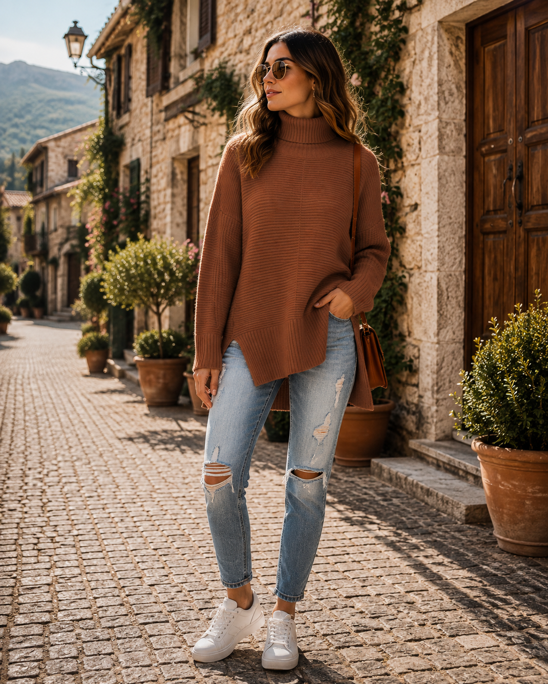 Bastien Women's Turtleneck Sweater – Asymmetric Hem, Side Slits & Easy Fit