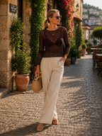 Corwin Women's Lace Top – Floral Full-Length Sleeves, Wide Round Neckline & Fitted Design