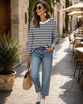 Maddox Women's Striped Long Sleeve Top – Crewneck, Contrast Design & Gentle Stretch