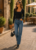 Cassian Women's Ribbed Top – Square Neck, Full-Length Sleeves & Slim Stretch Fit
