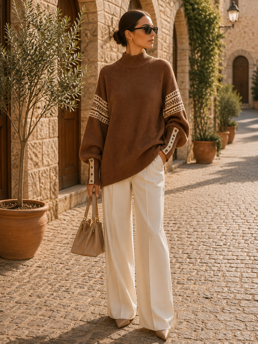 Esme Women's Colourblock Sweater – Mandarin Collar, Balloon Sleeves & Easy Fit