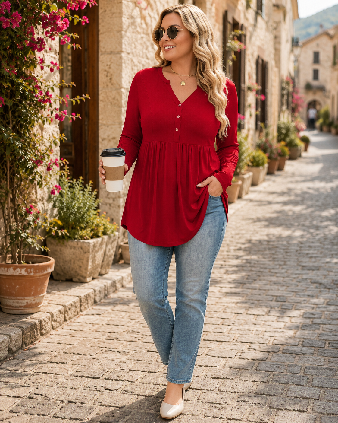 Ronan Women's Henley Sweater – V-Neckline, Pleated Waist & Comfortable Fit