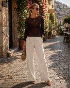 Corwin Women's Lace Top – Floral Full-Length Sleeves, Wide Round Neckline & Fitted Design