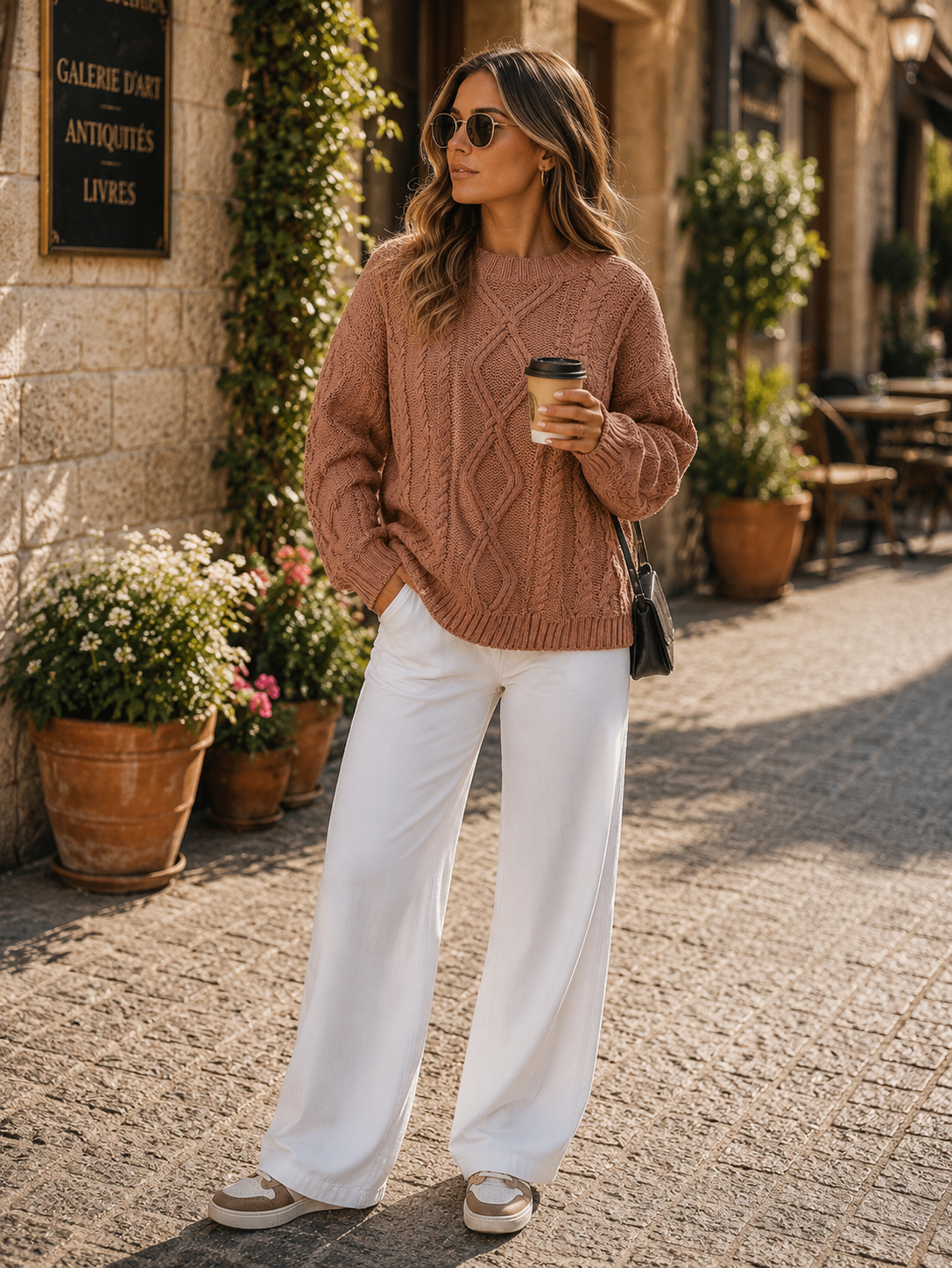 Draven Women's Cable Knit Sweater – Roomy Fit, Cotton-Blend Fabric & Round Neckline