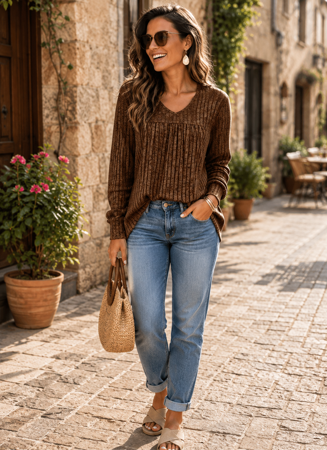 Kian Women's V-Neckline Sweater – Ribbed Knit Fabric, Front Pleats & Easy Fit