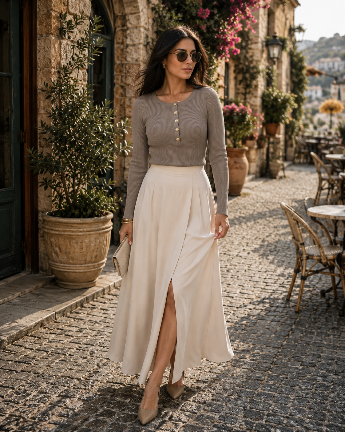 Emeric Women's Ribbed Top – Full-Length Sleeves, Round Neckline & Gold Button Detail