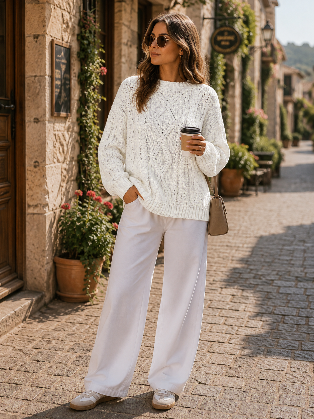 Draven Women's Cable Knit Sweater – Roomy Fit, Cotton-Blend Fabric & Round Neckline