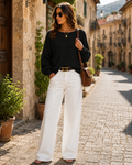 Ines Women's Pointelle Knit Sweater – Boat Neck, Balloon Sleeves & Easy Fit