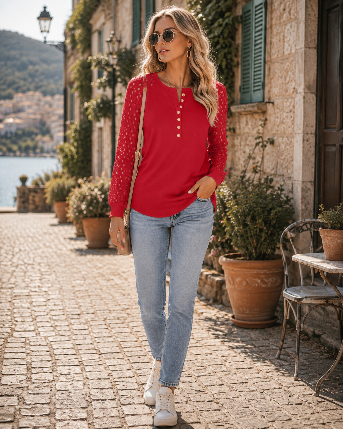 Jareth Women's Lace Sleeve Henley Top – Button-Up Front, Full-Length Sleeves & Gentle Stretch