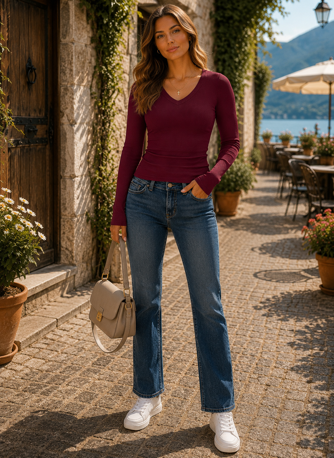 Giada Women's Ribbed V-Neckline Top – Full-Length Sleeves, Fitted Silhouette & Flexible Fabric