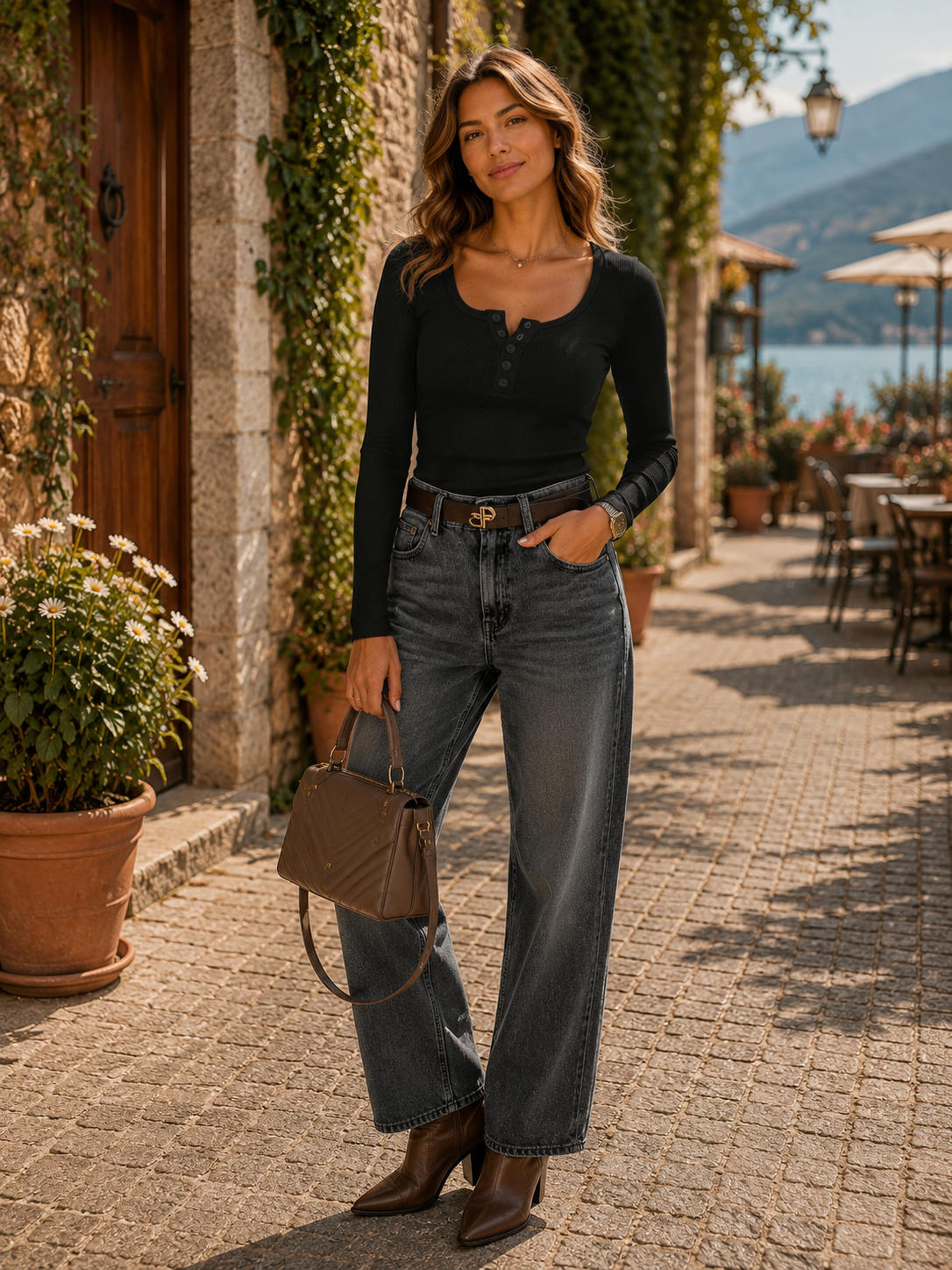 Marisela Women's Ribbed Henley Top – Full-Length Sleeves, Tailored Fit & Stretchy Material