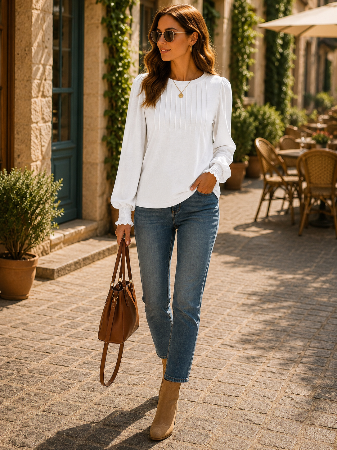 Wisteria Women's Pleated Top – Round Neckline, Smocked Cuffs & Easy Fit