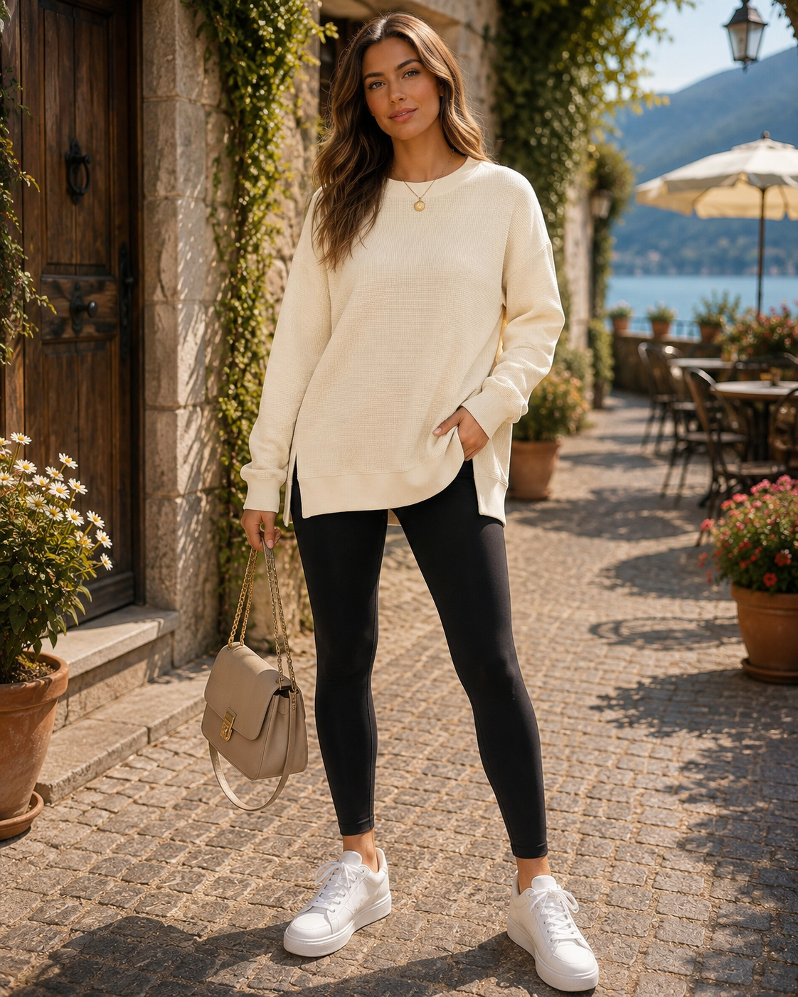 Jessamine Women's Waffle Knit Sweatshirt – Crewneck, Side Slits & Loose Silhouette