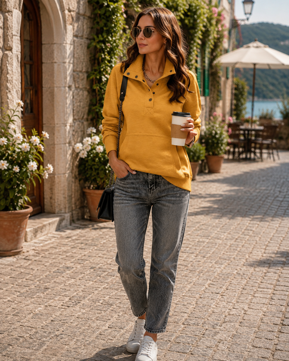 Mireille Women's Henley Sweatshirt – V-Neckline, Ribbed Texture & Easy Fit