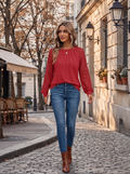Ambrose Women's Lace Sleeve Top – Round Neckline, Raglan Sleeves & Pintuck Detail