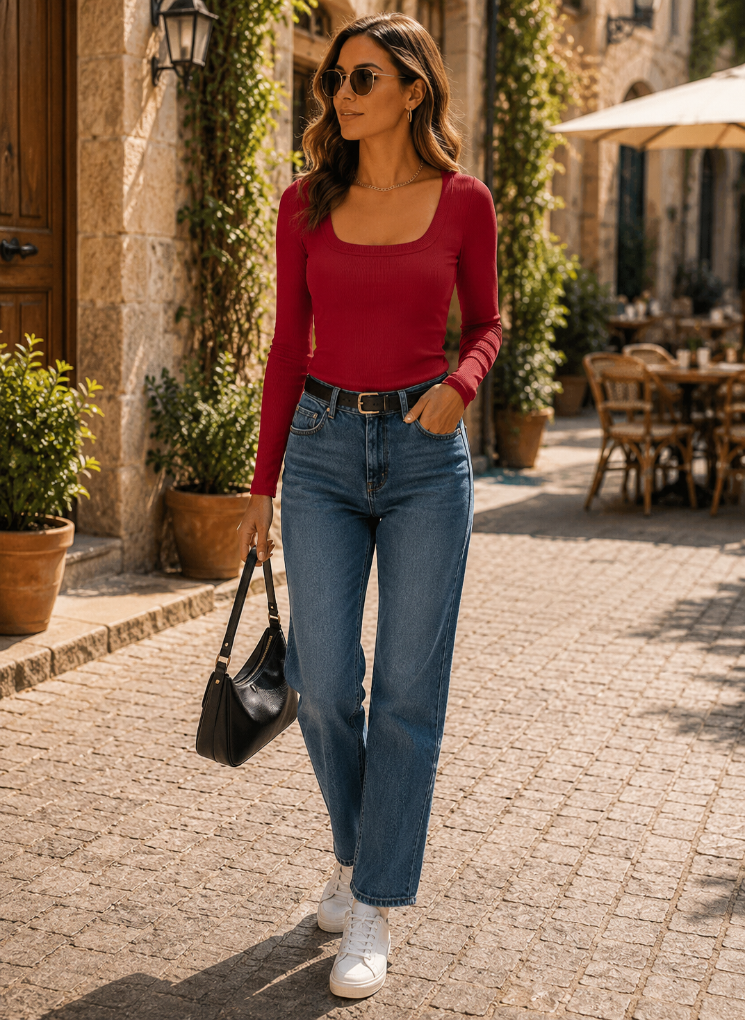 Cassian Women's Ribbed Top – Square Neck, Full-Length Sleeves & Slim Stretch Fit