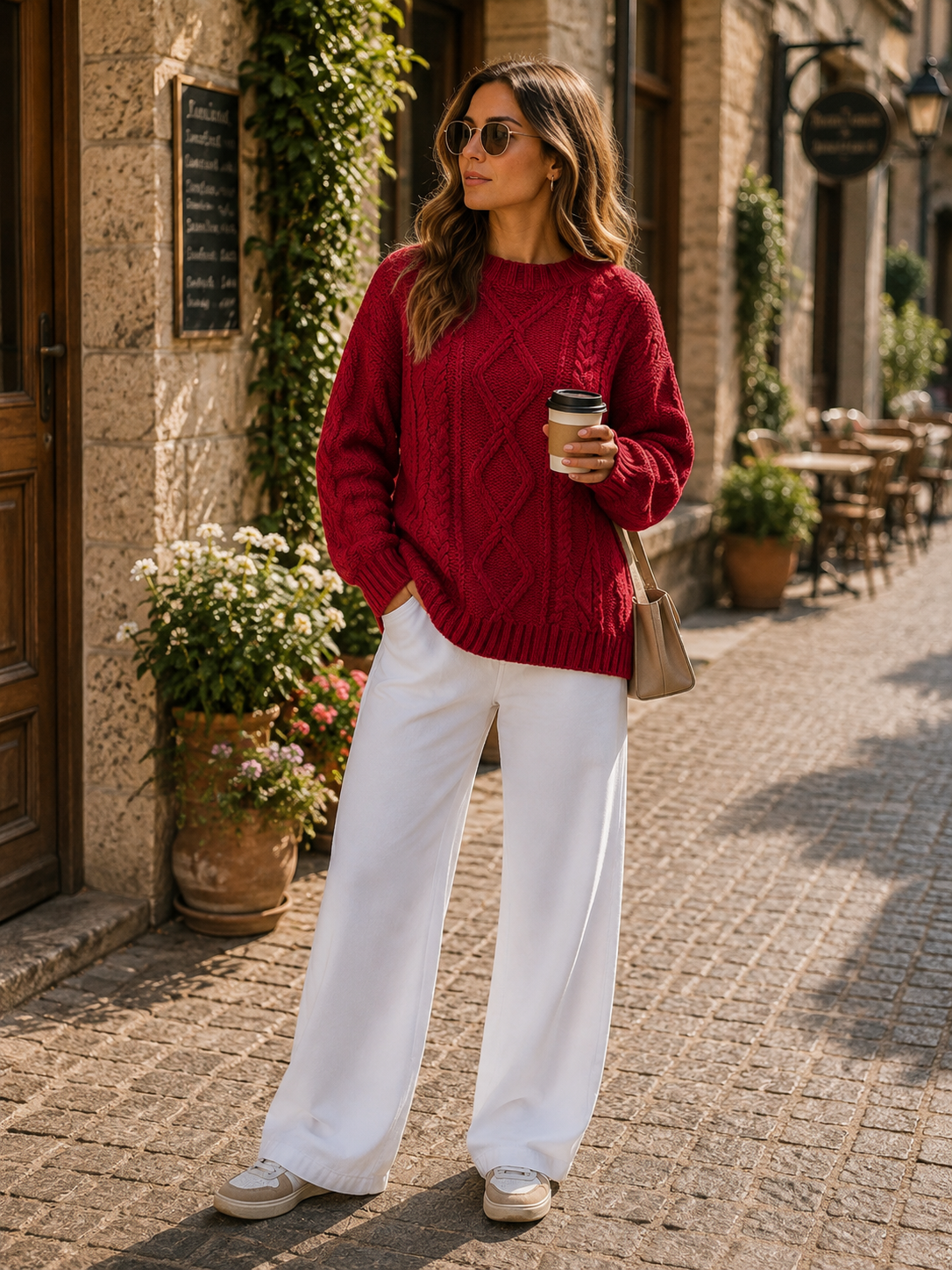 Draven Women's Cable Knit Sweater – Roomy Fit, Cotton-Blend Fabric & Round Neckline