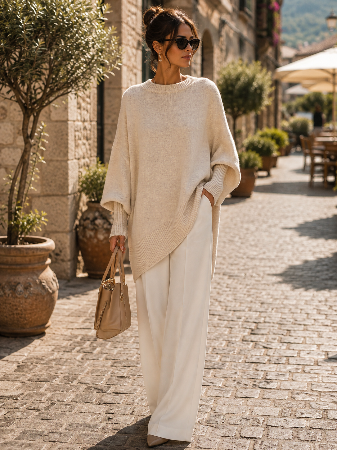 Wynne Women's Oversized Top – Round Neckline, Wide Sleeves & Ribbed Detailing