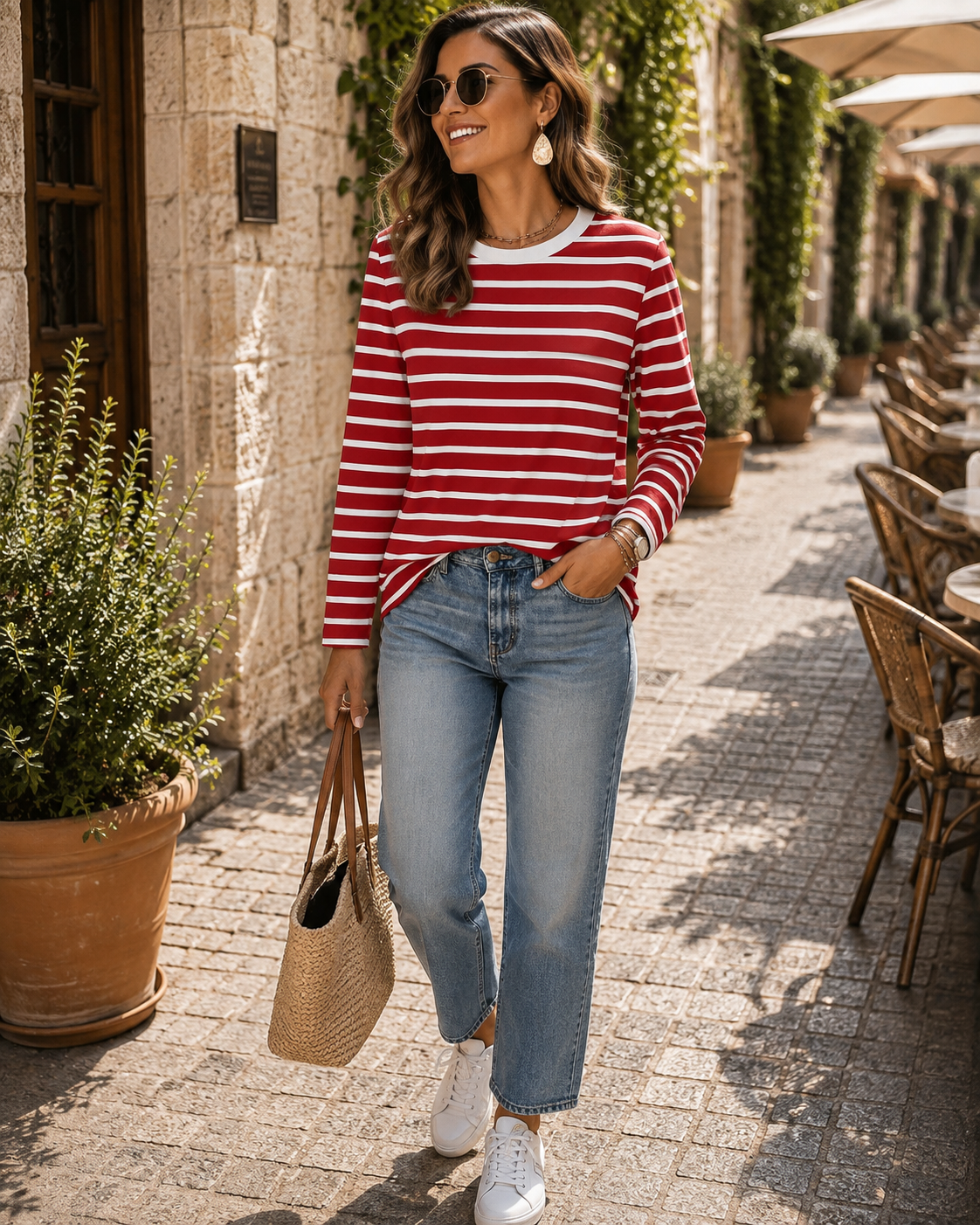 Maddox Women's Striped Long Sleeve Top – Crewneck, Contrast Design & Gentle Stretch
