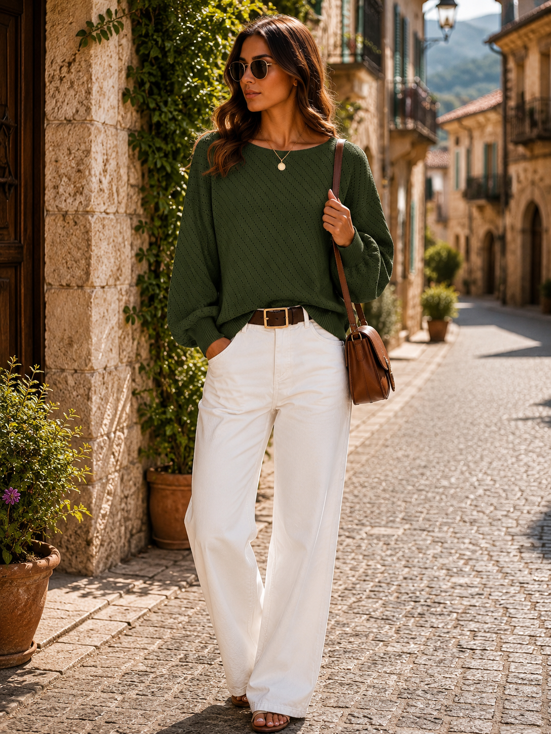 Ines Women's Pointelle Knit Sweater – Boat Neck, Balloon Sleeves & Easy Fit