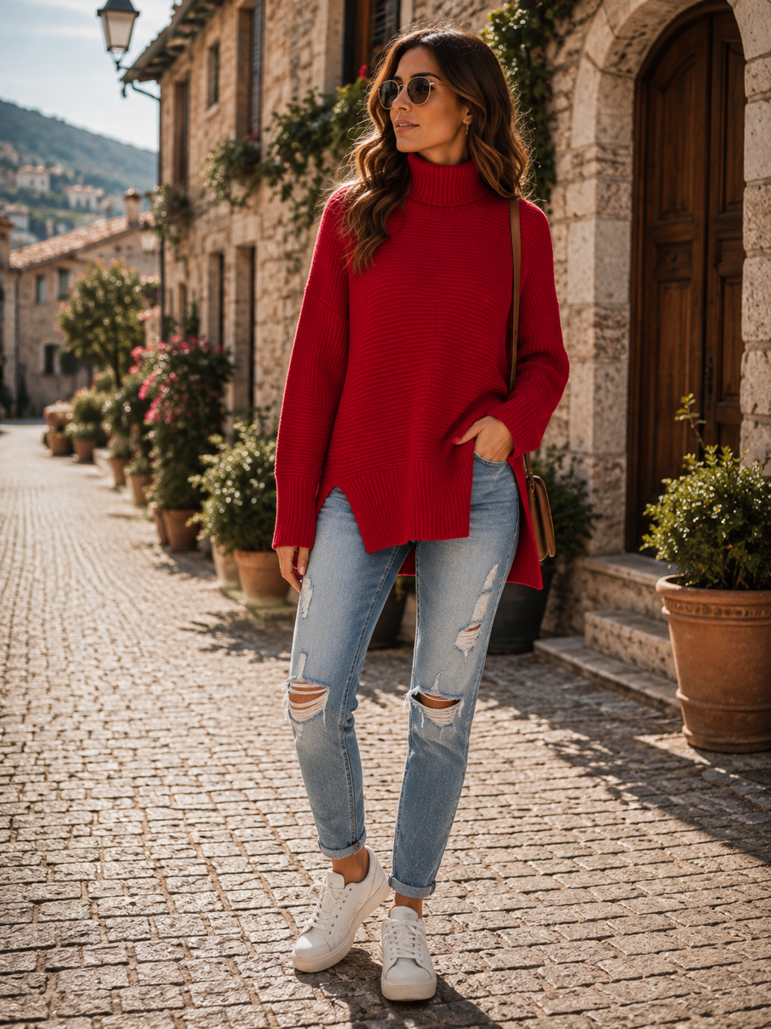 Bastien Women's Turtleneck Sweater – Asymmetric Hem, Side Slits & Easy Fit